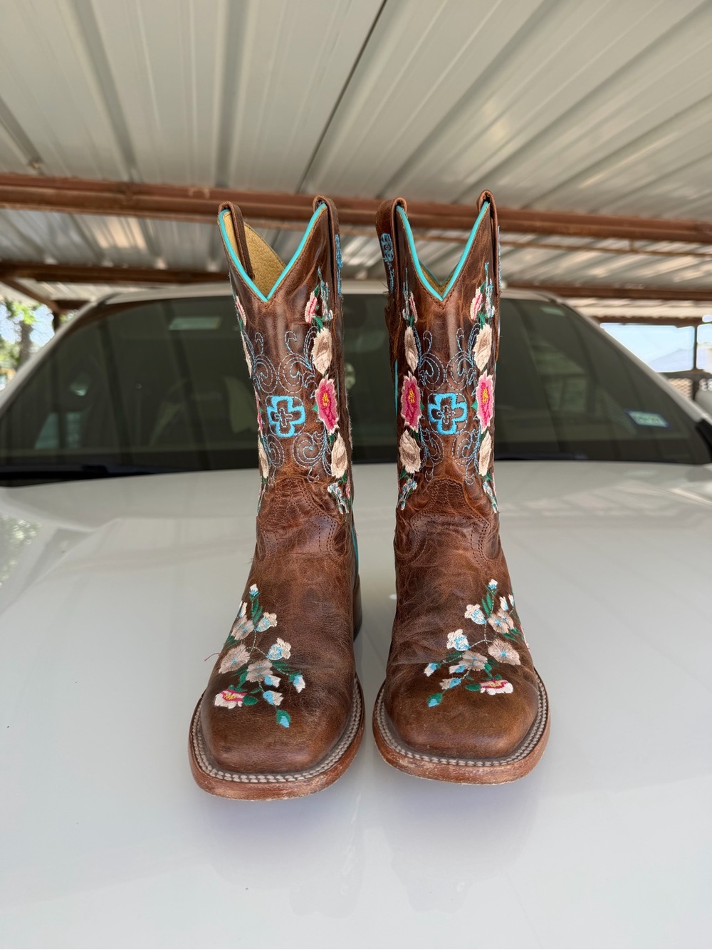Macie Bean Brown Floral Embroidered Kids' Western Boots with Turquoise Trim